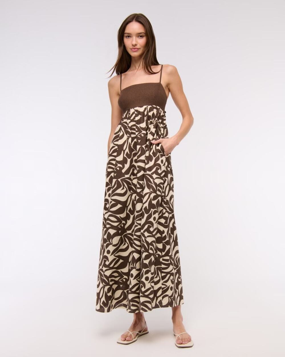 Abercrombie & Fitch Tie Back Brown Babydoll Linen Maxi Dress Small Petite